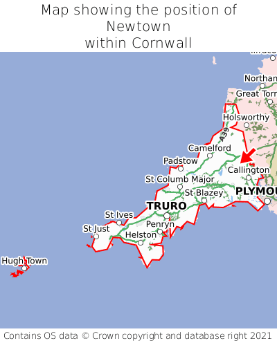 Map showing location of Newtown within Cornwall