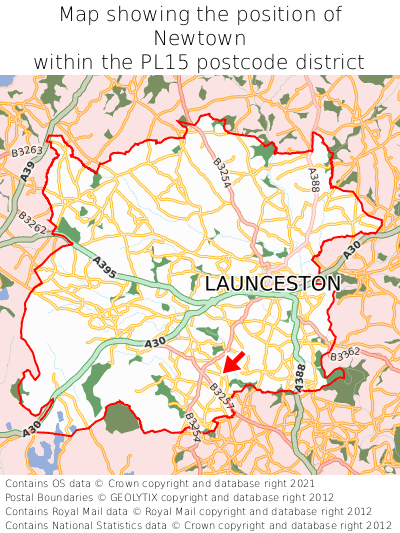 Map showing location of Newtown within PL15