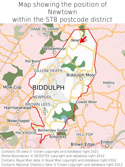 Map showing location of Newtown within ST8