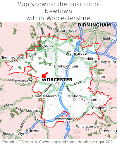 Map showing location of Newtown within Worcestershire