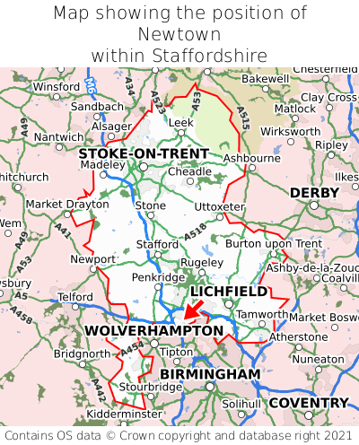 Map showing location of Newtown within Staffordshire
