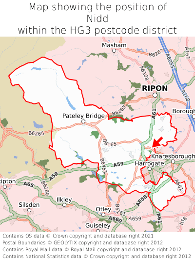 Map showing location of Nidd within HG3