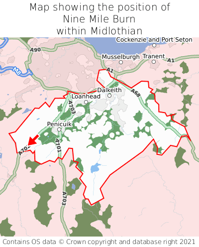 Map showing location of Nine Mile Burn within Midlothian