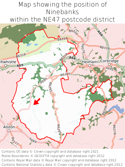Map showing location of Ninebanks within NE47