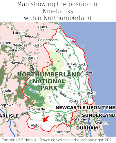 Map showing location of Ninebanks within Northumberland