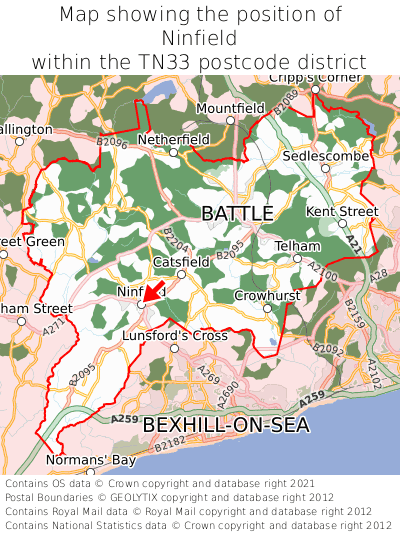 Map showing location of Ninfield within TN33