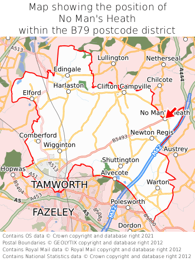 Map showing location of No Man's Heath within B79