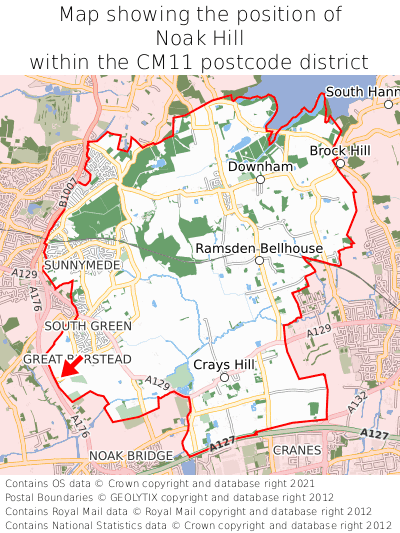 Map showing location of Noak Hill within CM11