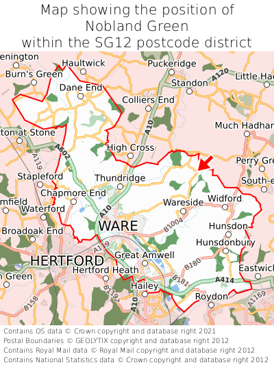 Map showing location of Nobland Green within SG12