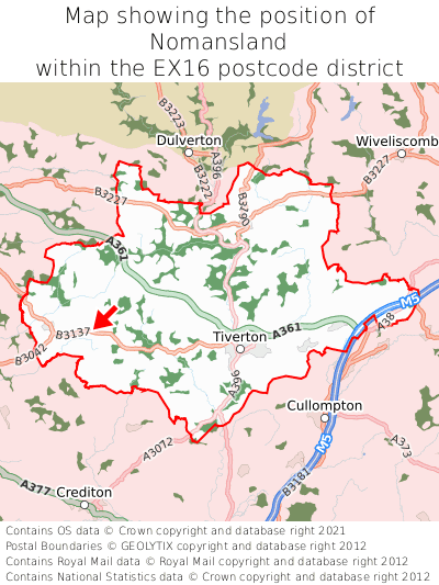 Map showing location of Nomansland within EX16