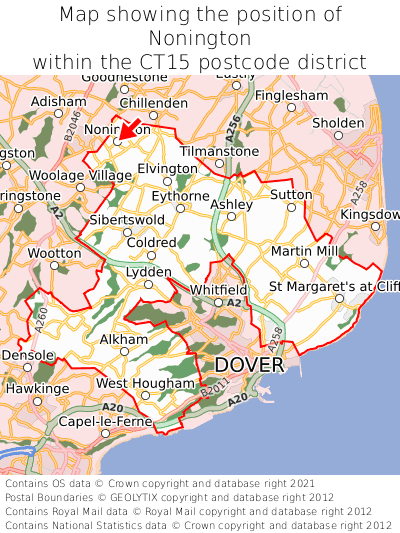 Map showing location of Nonington within CT15