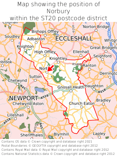 Map showing location of Norbury within ST20