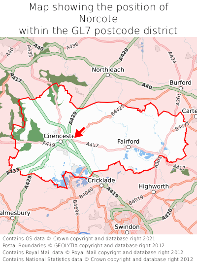 Map showing location of Norcote within GL7