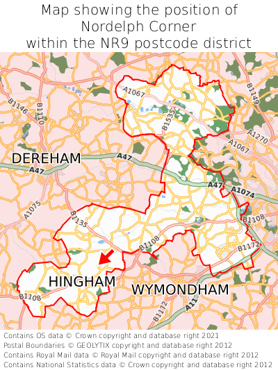 Map showing location of Nordelph Corner within NR9