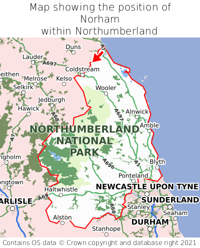 Map showing location of Norham within Northumberland