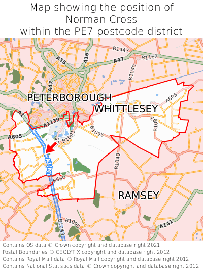 Map showing location of Norman Cross within PE7