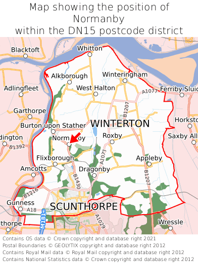 Map showing location of Normanby within DN15