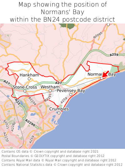 Map showing location of Normans' Bay within BN24