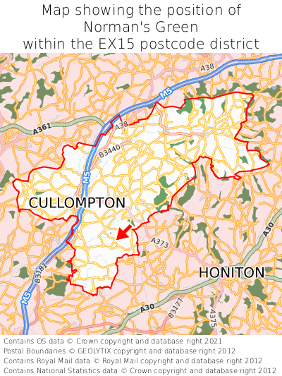 Map showing location of Norman's Green within EX15