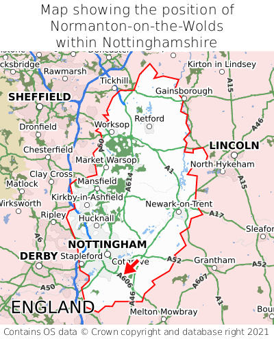Map showing location of Normanton-on-the-Wolds within Nottinghamshire