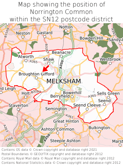 Map showing location of Norrington Common within SN12