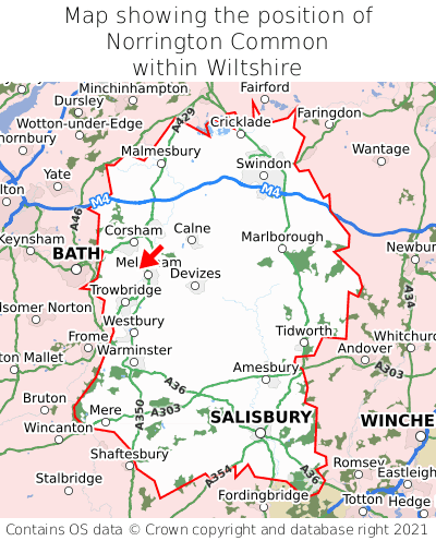 Map showing location of Norrington Common within Wiltshire