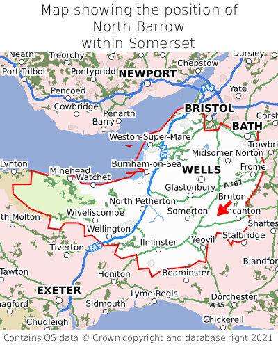 Map showing location of North Barrow within Somerset