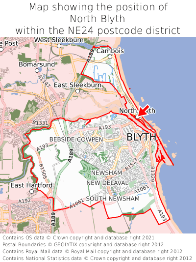 Map showing location of North Blyth within NE24