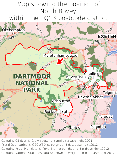 Map showing location of North Bovey within TQ13