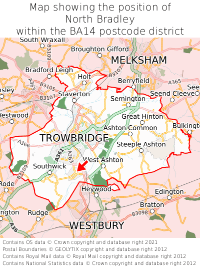 Map showing location of North Bradley within BA14