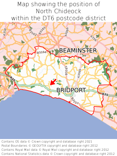 Map showing location of North Chideock within DT6