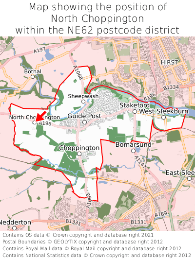 Map showing location of North Choppington within NE62