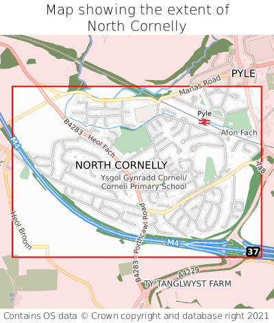 Map showing extent of North Cornelly as bounding box
