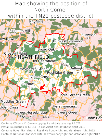 Map showing location of North Corner within TN21