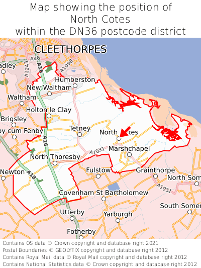 Map showing location of North Cotes within DN36