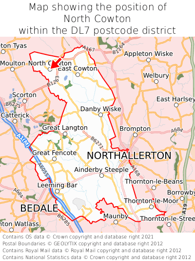 Map showing location of North Cowton within DL7