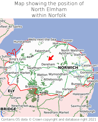 Map showing location of North Elmham within Norfolk