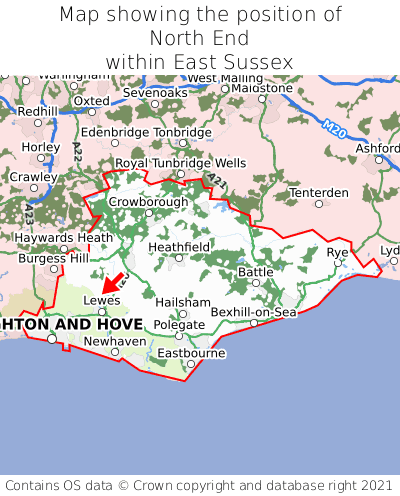Map showing location of North End within East Sussex