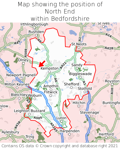 Map showing location of North End within Bedfordshire