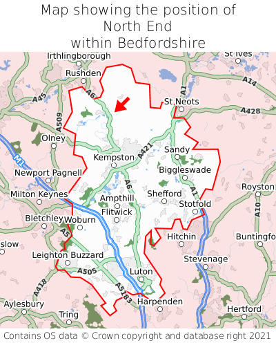 Map showing location of North End within Bedfordshire