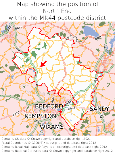 Map showing location of North End within MK44