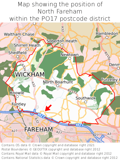Map showing location of North Fareham within PO17