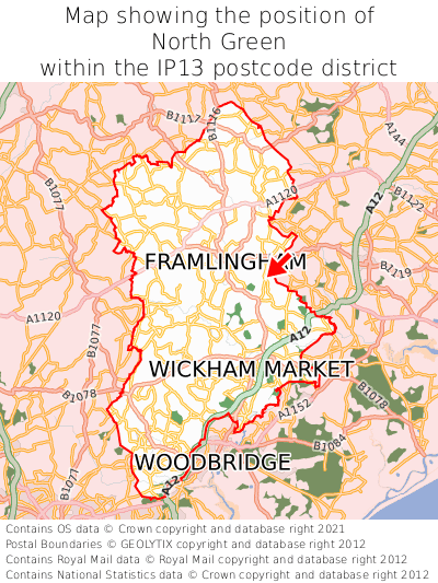 Map showing location of North Green within IP13