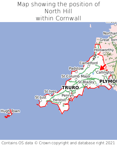 Map showing location of North Hill within Cornwall