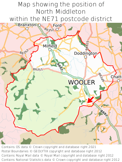 Map showing location of North Middleton within NE71