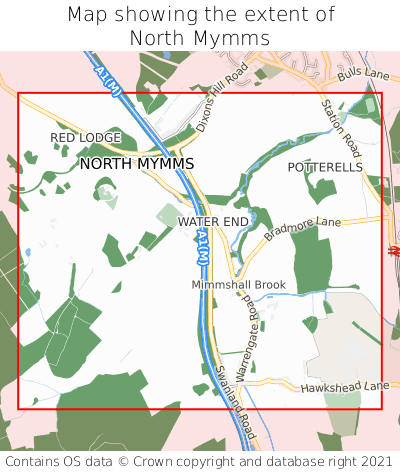 Map showing extent of North Mymms as bounding box