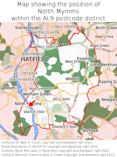 Map showing location of North Mymms within AL9