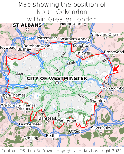 Map showing location of North Ockendon within Greater London
