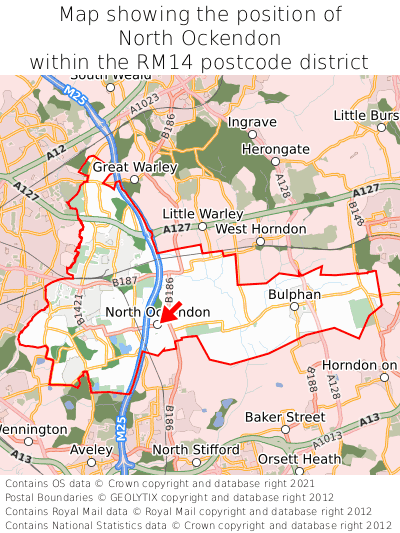 Map showing location of North Ockendon within RM14