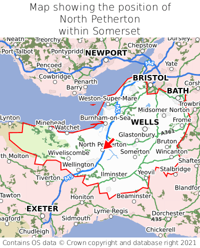 Map showing location of North Petherton within Somerset